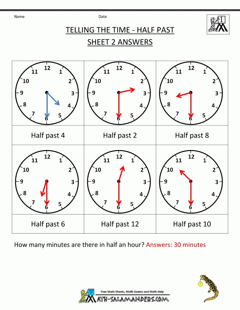 Telling Time Half Past The Hour Worksheets For 1st And 2nd Telling 