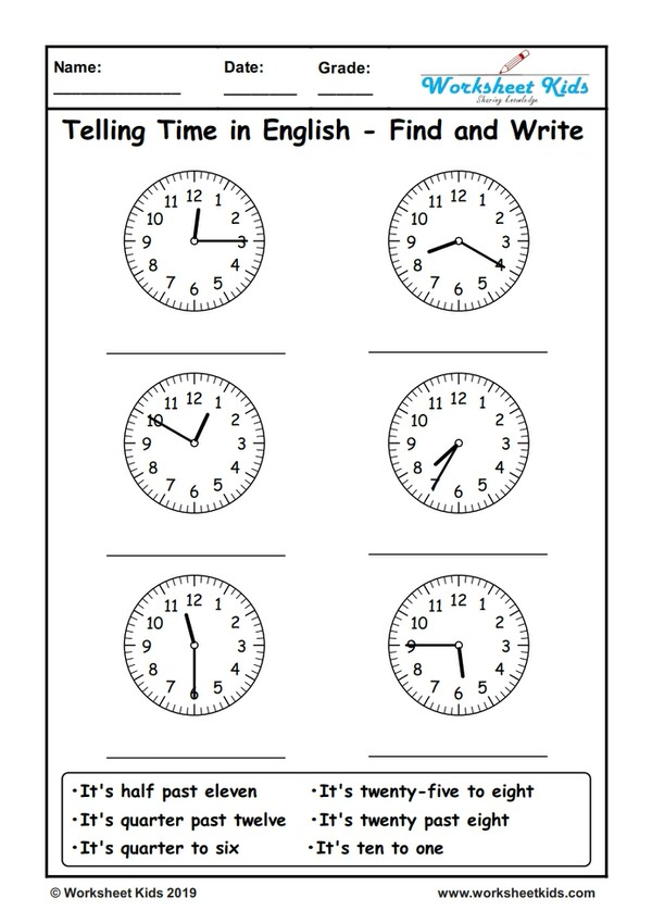 Telling Time In English Find And Write Free Printable PDF