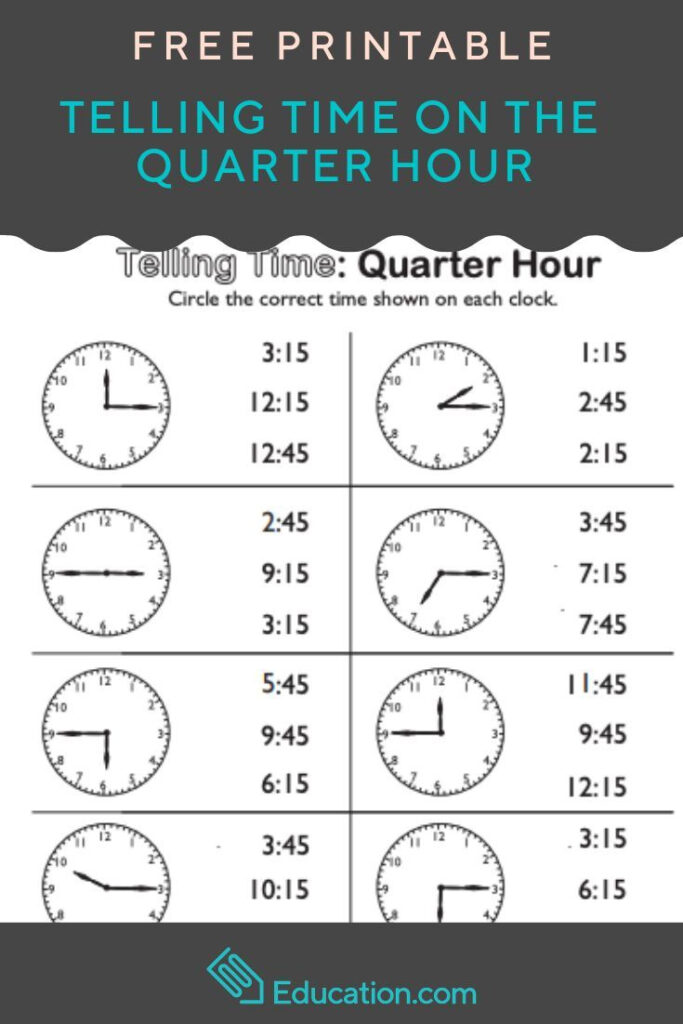 Telling Time On The Quarter Hour Match It Worksheet Education 