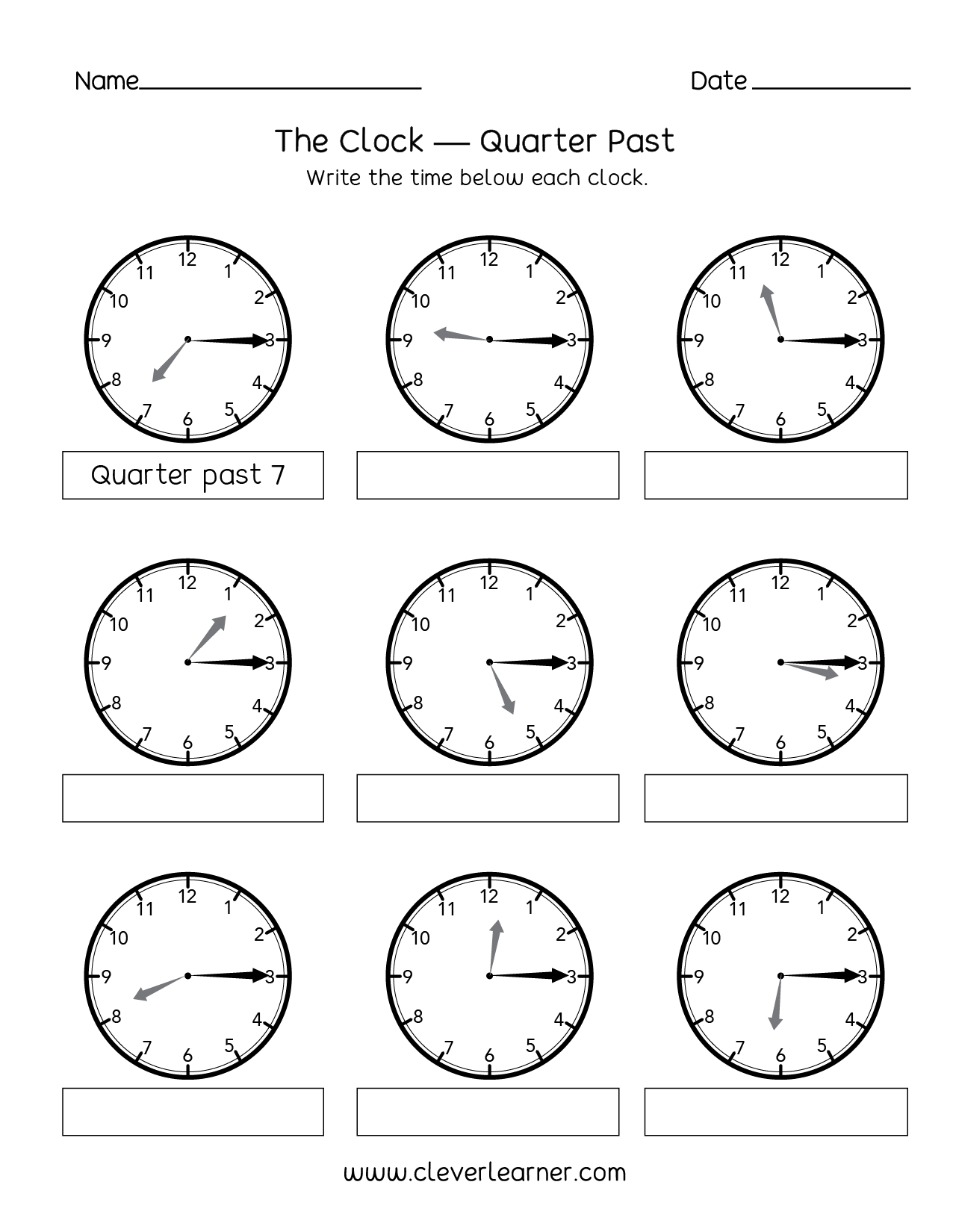 Quarter Past Clock Worksheet