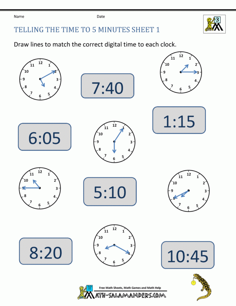 Telling Time To 5 Minutes Worksheets