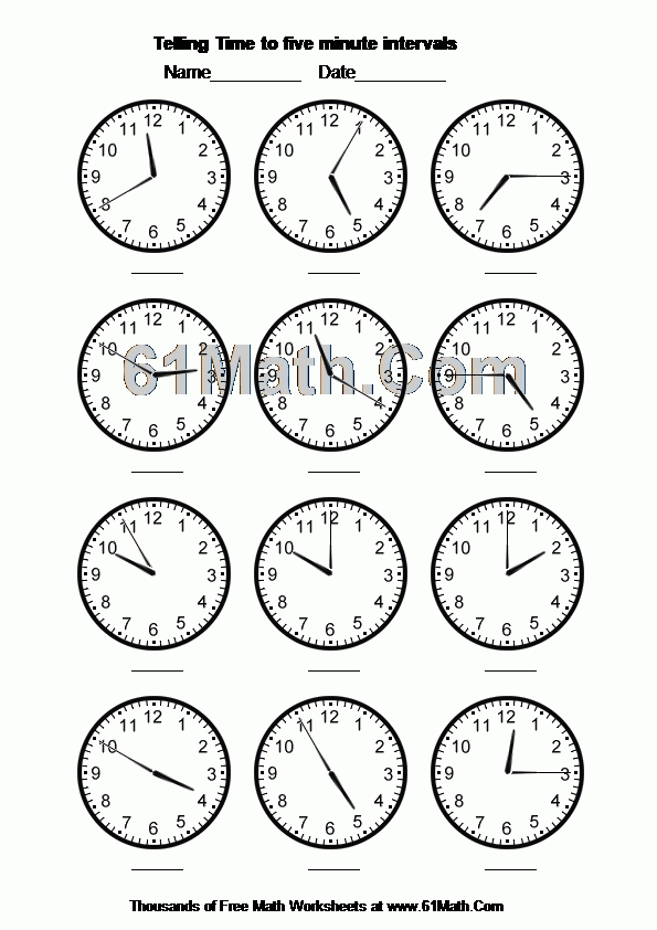 Telling Time To Five Minute Intervals Create Your Own Math Worksheets