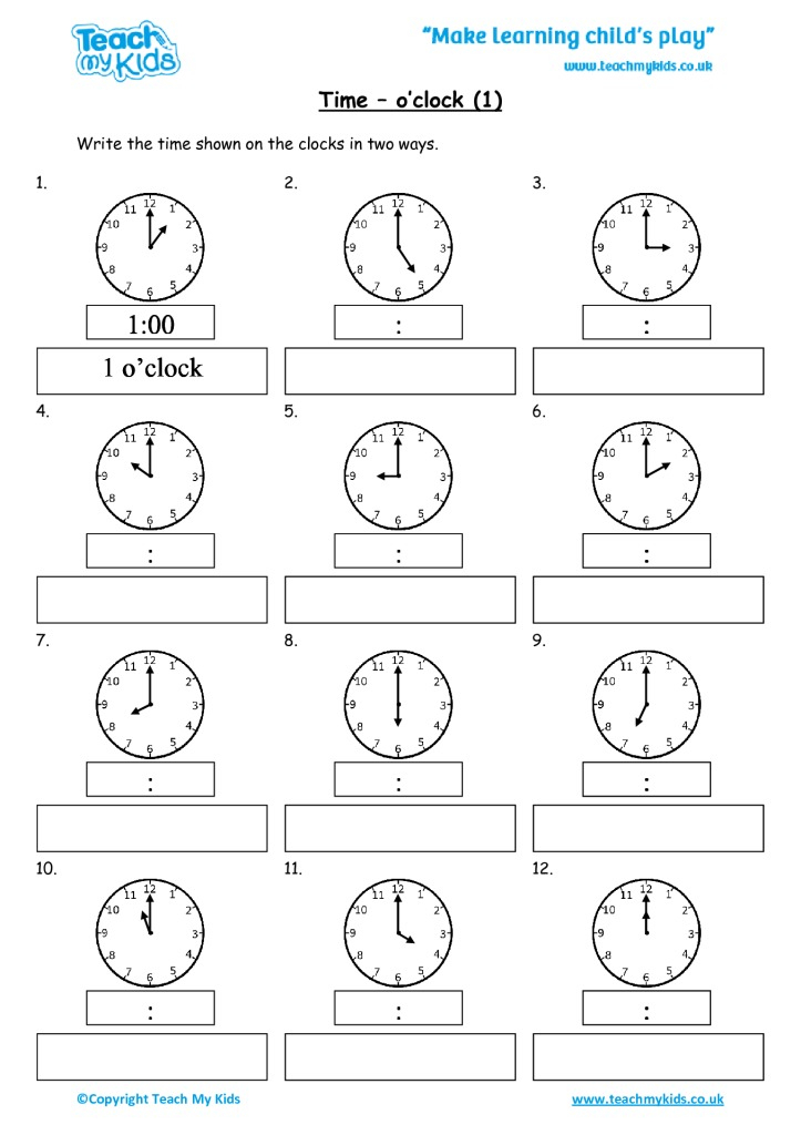 O Clock Worksheets Year 1