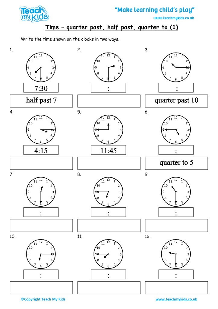 Time Quarter Past Half Past Quarter To 1 TMK Education