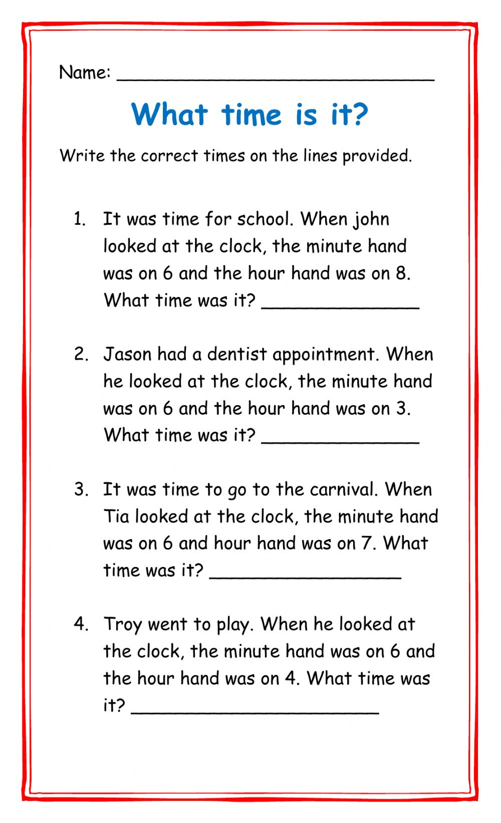 Telling Time Word Problems Worksheets Grade 3