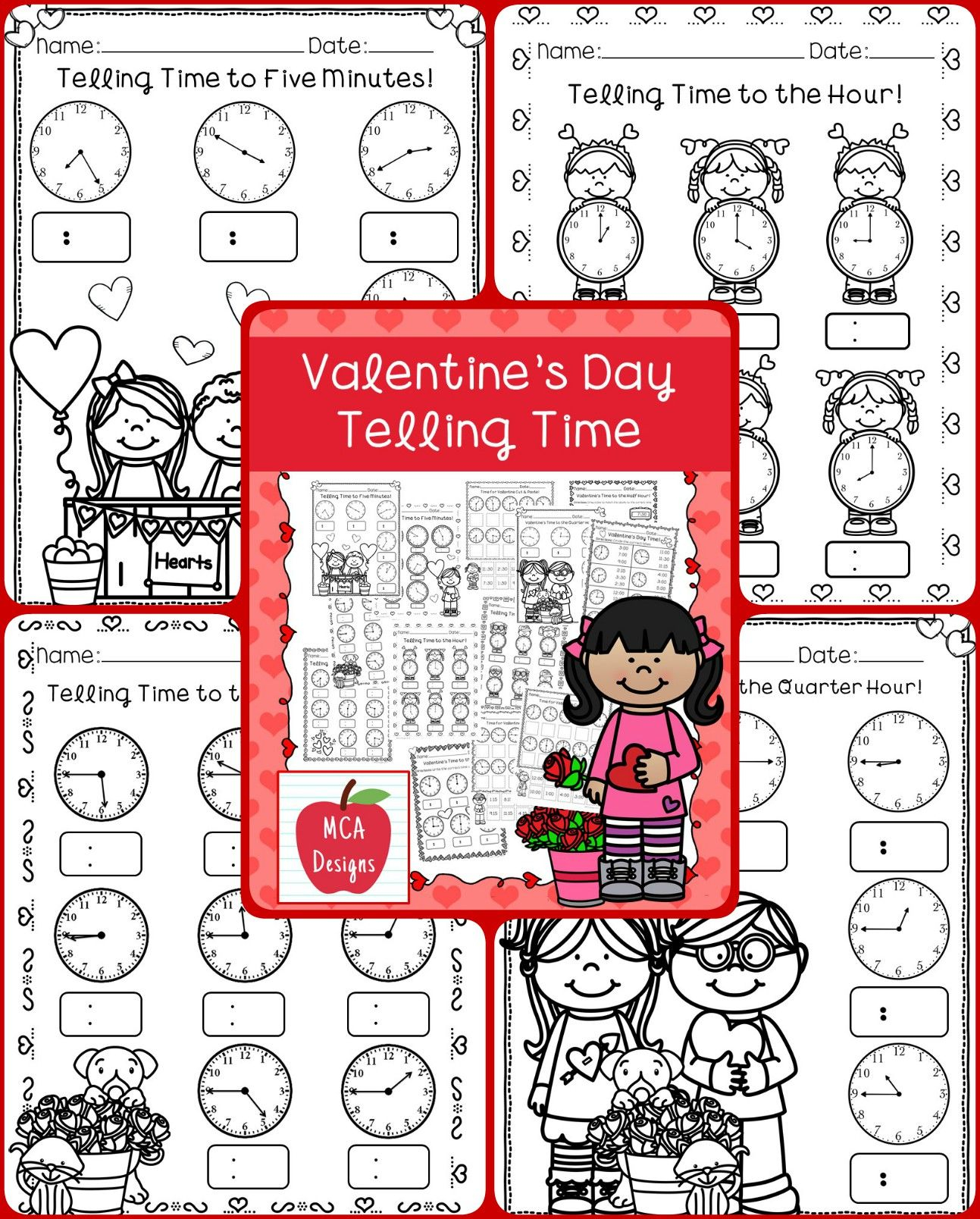 Valentine s Day Telling Time Holiday Activities First Grade