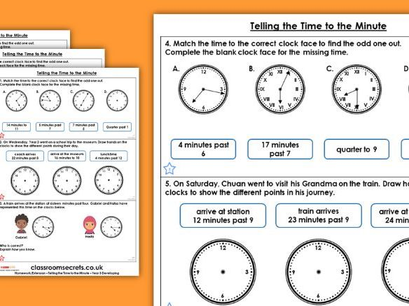 Year 3 Telling The Time To The Minute Summer Block 2 Maths Homework Extension Teaching Resources